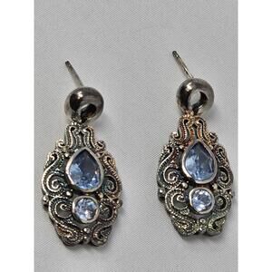 Vintage PJM 925 Sterling Silver Scroll Earrings with Blue CZ